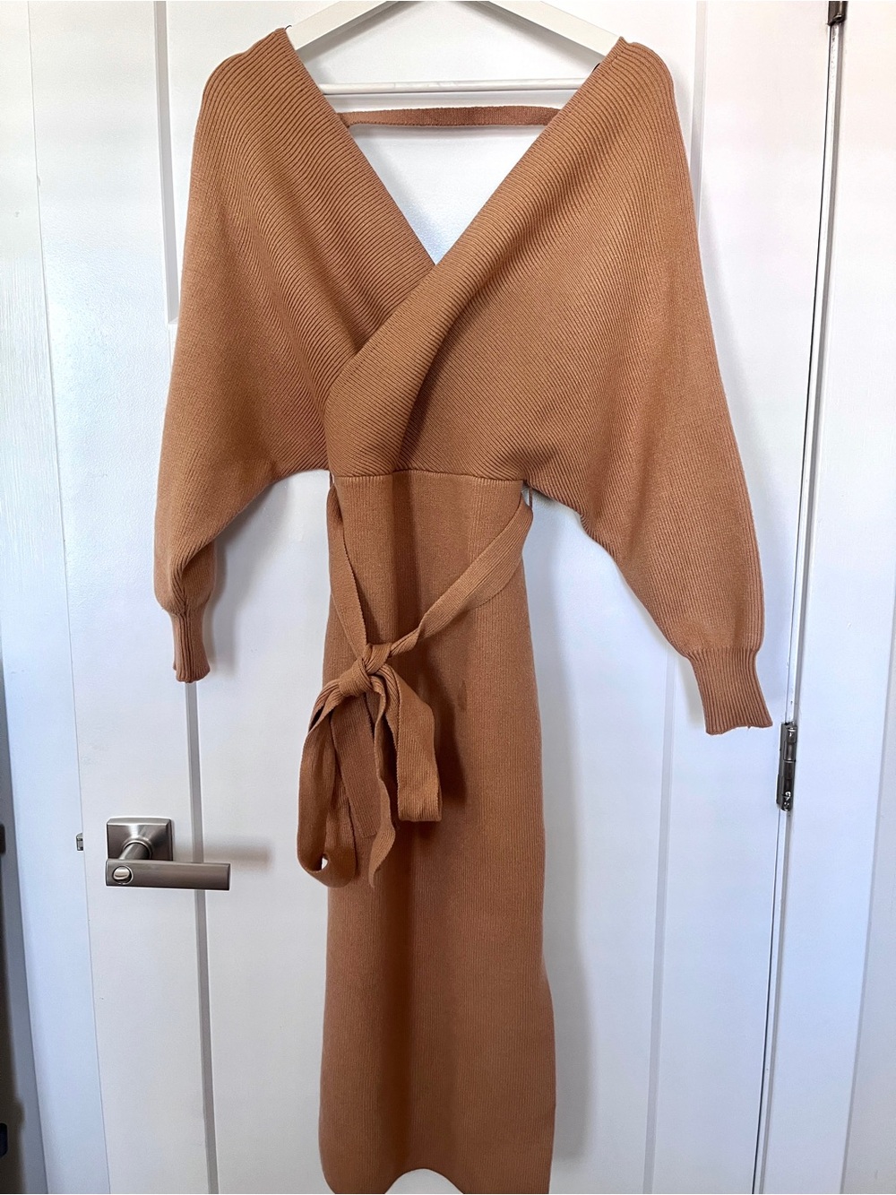 Forever 21 Tan Off the Shoulder Midi Ribbed Sweater Dress with Slit